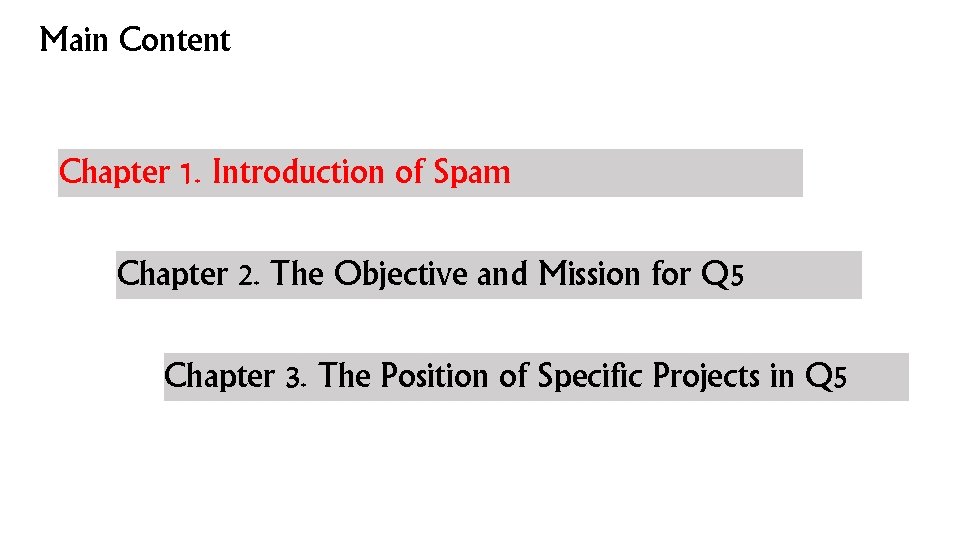 Main Content Chapter 1. Introduction of Spam Chapter 2. The Objective and Mission for