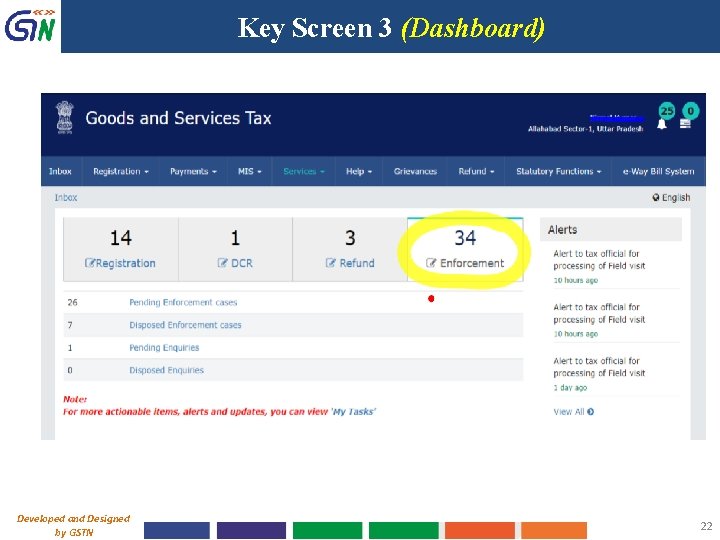 Key Screen 3 (Dashboard) Developed and Designed by GSTN 22 