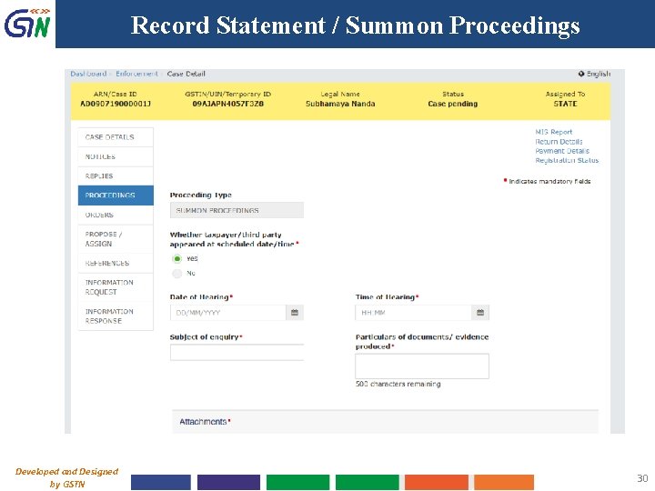 Record Statement / Summon Proceedings Developed and Designed by GSTN 30 