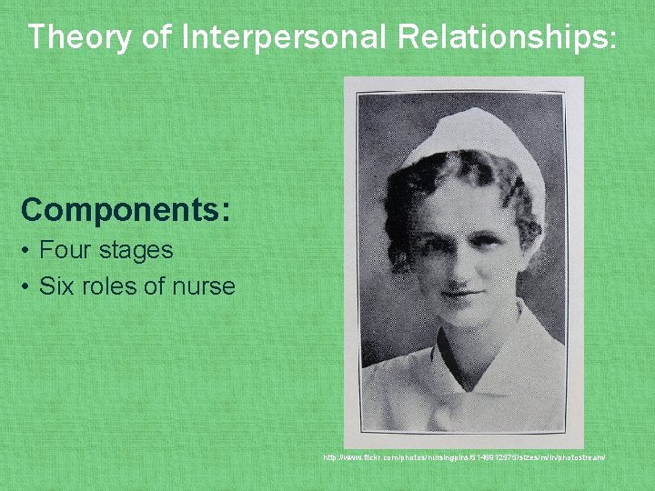 Theory of Interpersonal Relationships: Components: • Four stages • Six roles of nurse http: