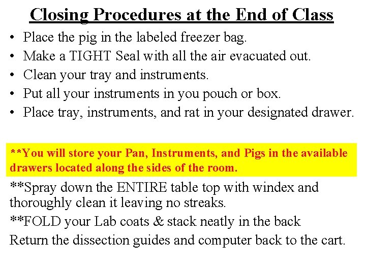 Closing Procedures at the End of Class • • • Place the pig in