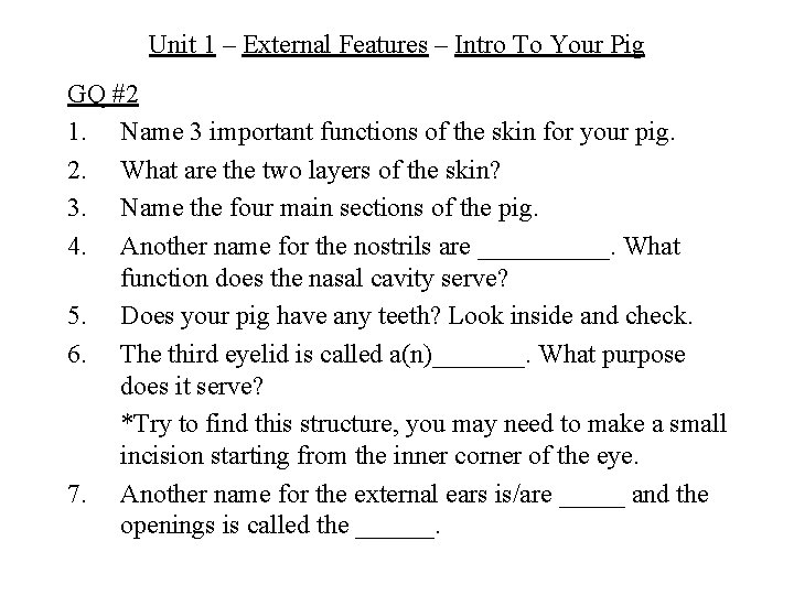 Unit 1 – External Features – Intro To Your Pig GQ #2 1. Name