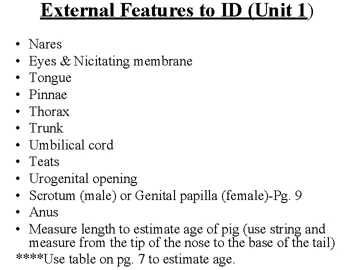 External Features to ID (Unit 1) • • • Nares Eyes & Nicitating membrane