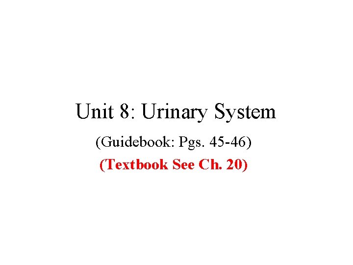 Unit 8: Urinary System (Guidebook: Pgs. 45 -46) (Textbook See Ch. 20) 