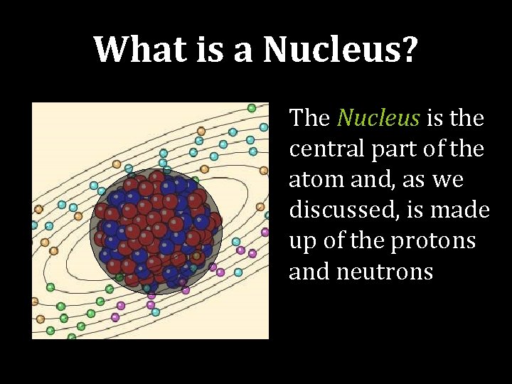 What is a Nucleus? The Nucleus is the central part of the atom and,