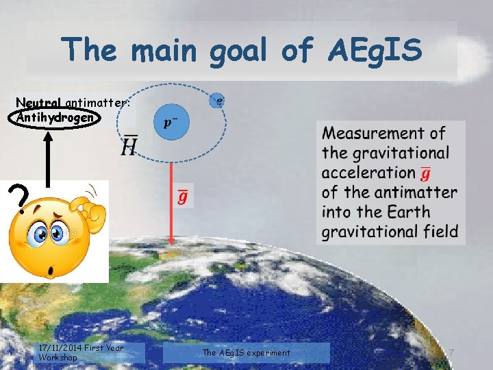 The main goal of AEg. IS Neutral antimatter: Antihydrogen ? 17/11/2014 First Year Workshop