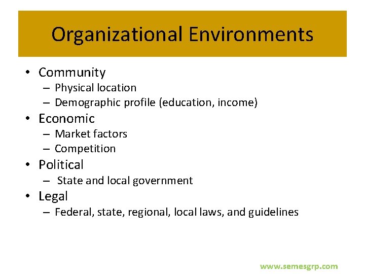 Organizational Environments • Community – Physical location – Demographic profile (education, income) • Economic