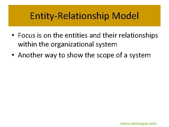 Entity-Relationship Model • Focus is on the entities and their relationships within the organizational