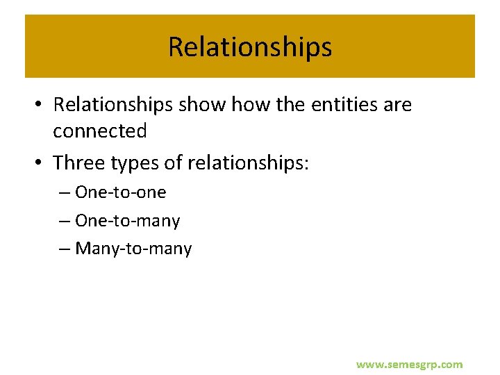 Relationships • Relationships show the entities are connected • Three types of relationships: –