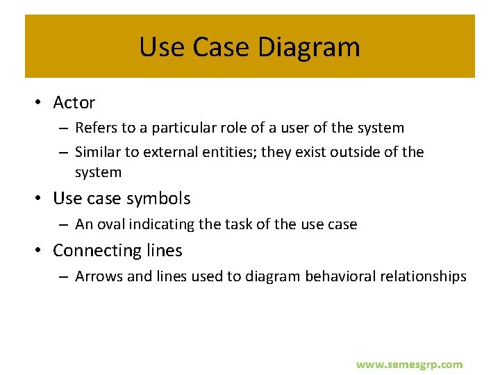 Use Case Diagram • Actor – Refers to a particular role of a user