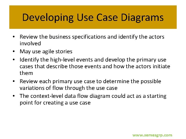 Developing Use Case Diagrams • Review the business specifications and identify the actors involved