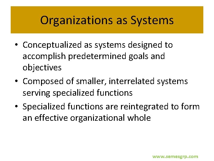 Organizations as Systems • Conceptualized as systems designed to accomplish predetermined goals and objectives