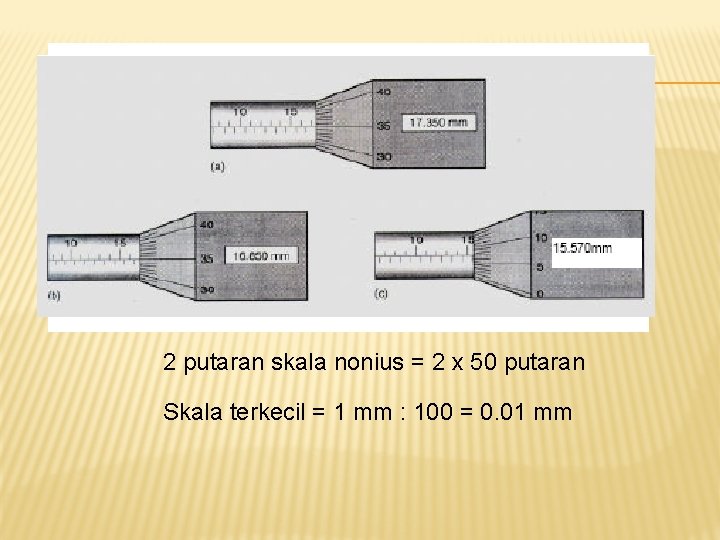 2 putaran skala nonius = 2 x 50 putaran Skala terkecil = 1 mm