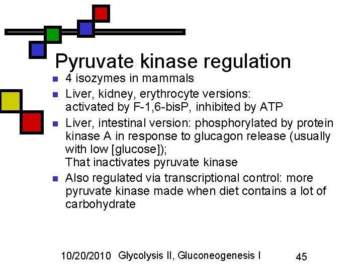 Pyruvate kinase regulation n n 4 isozymes in mammals Liver, kidney, erythrocyte versions: activated