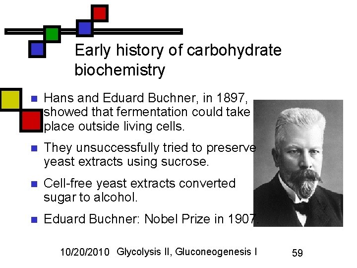 Early history of carbohydrate biochemistry n Hans and Eduard Buchner, in 1897, showed that