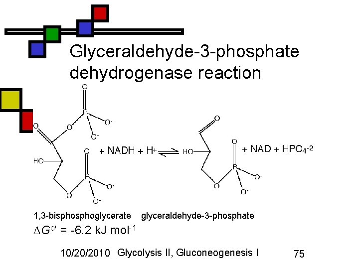 Glyceraldehyde-3 -phosphate dehydrogenase reaction 1, 3 -bisphoglycerate glyceraldehyde-3 -phosphate Go’ = -6. 2 k.