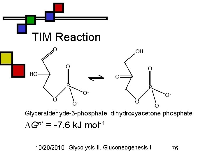 TIM Reaction Glyceraldehyde-3 -phosphate dihydroxyacetone phosphate Go’ = -7. 6 k. J mol-1 10/20/2010