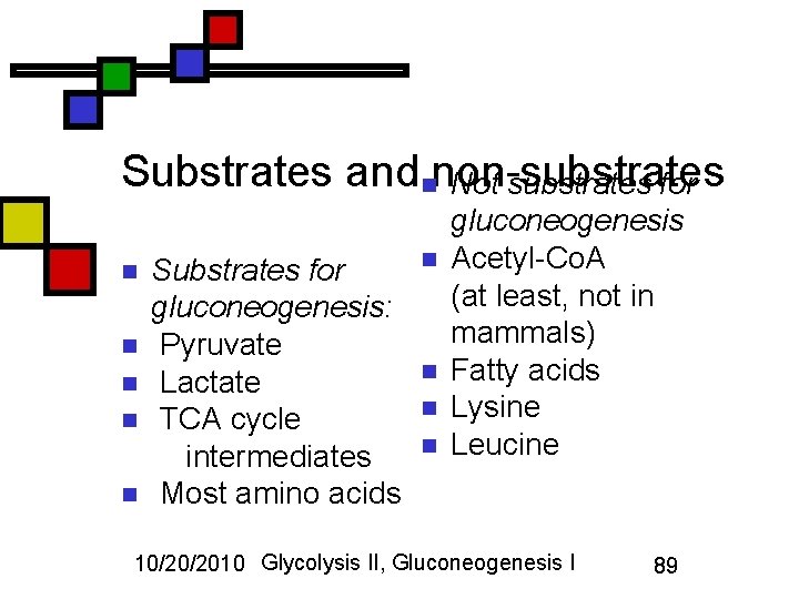 Substrates andnnon-substrates Not substrates for n n n Substrates for gluconeogenesis: Pyruvate Lactate TCA