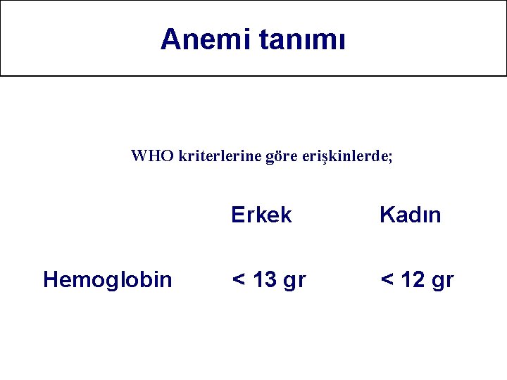 Anemi tanımı WHO kriterlerine göre erişkinlerde; Hemoglobin Erkek Kadın < 13 gr < 12