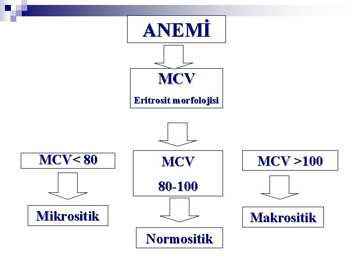 ANEMİ MCV Eritrosit morfolojisi MCV< 80 MCV >100 80 -100 Mikrositik Makrositik Normositik 