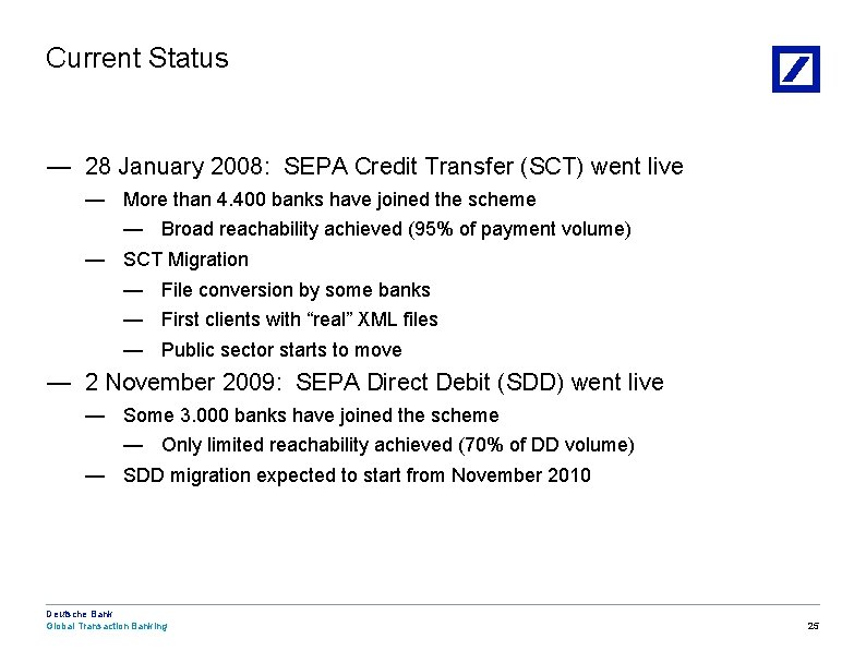 Current Status — 28 January 2008: SEPA Credit Transfer (SCT) went live — More