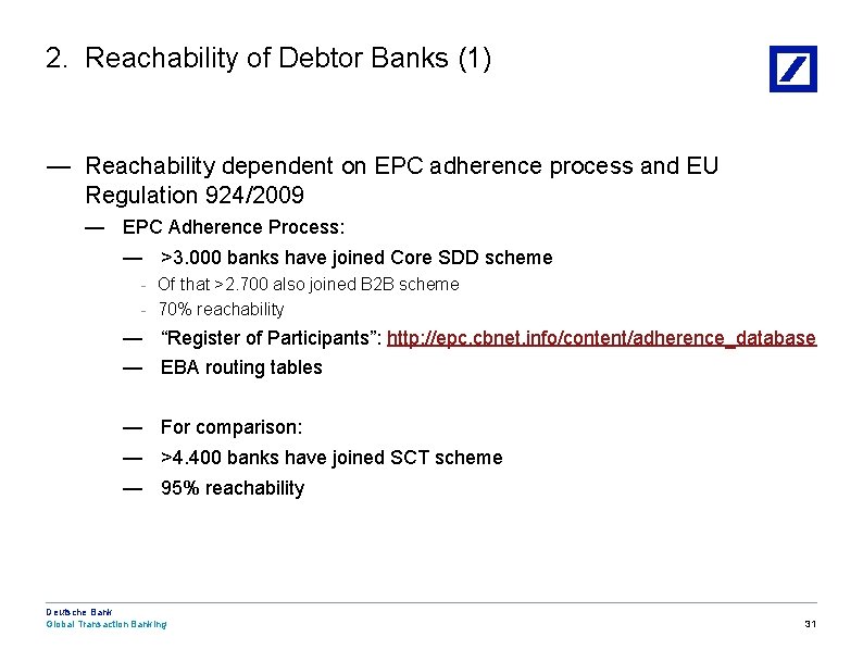 2. Reachability of Debtor Banks (1) — Reachability dependent on EPC adherence process and