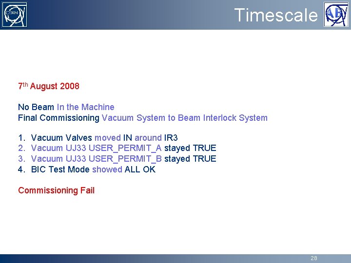 Timescale 7 th August 2008 No Beam In the Machine Final Commissioning Vacuum System