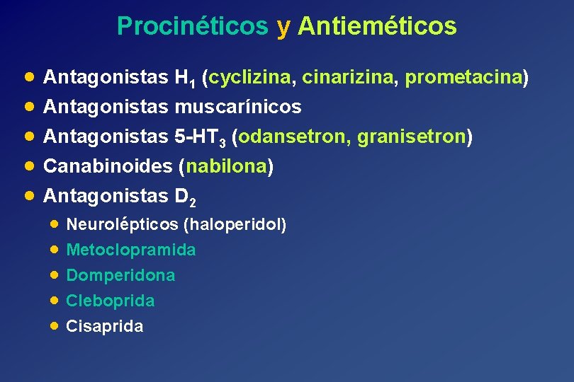 Procinéticos y Antieméticos · · · Antagonistas H 1 (cyclizina, cinarizina, prometacina) Antagonistas muscarínicos
