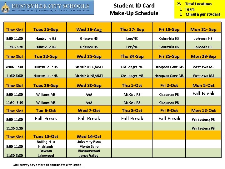 Student ID Card Make-Up Schedule 25 Total Locations 1 Team 1 Minute per student