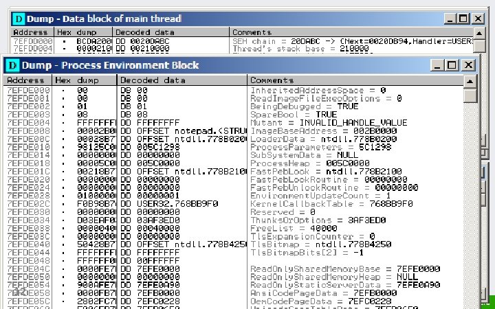 Dôležité informačné štruktúry procesu Process Environment block (PEB) – Štruktúra obsahujúca základné informácie o