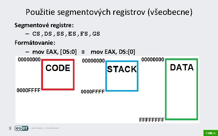 Použitie segmentových registrov (všeobecne) Segmentové registre: – CS, DS, SS, ES, FS, GS Formátovanie: