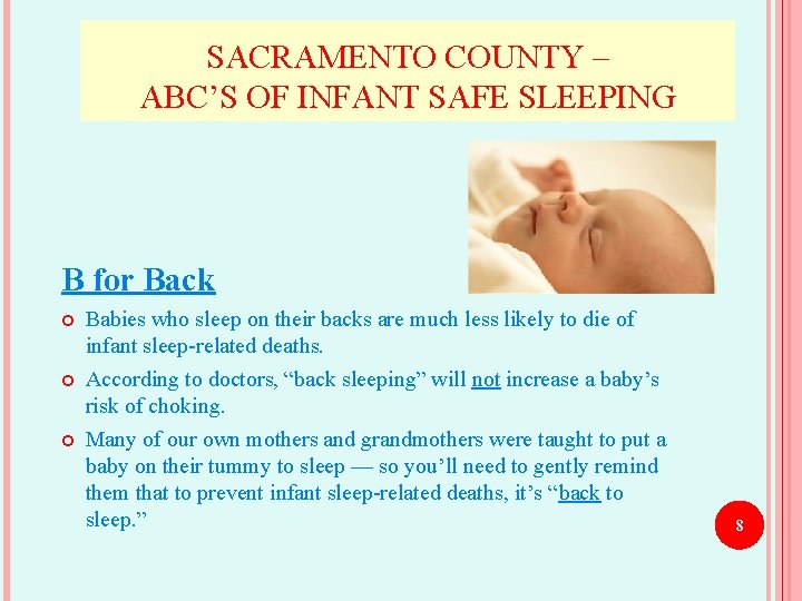 SACRAMENTO COUNTY – ABC’S OF INFANT SAFE SLEEPING B for Back Babies who sleep