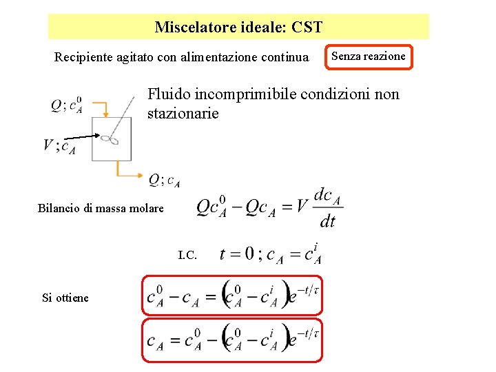 Miscelatore ideale: CST Recipiente agitato con alimentazione continua Senza reazione Fluido incomprimibile condizioni non