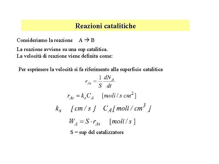 Reazioni catalitiche Consideriamo la reazione A B La reazione avviene su una sup catalitica.