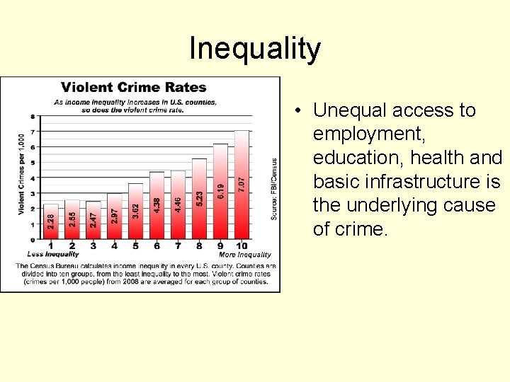 Inequality • Unequal access to employment, education, health and basic infrastructure is the underlying