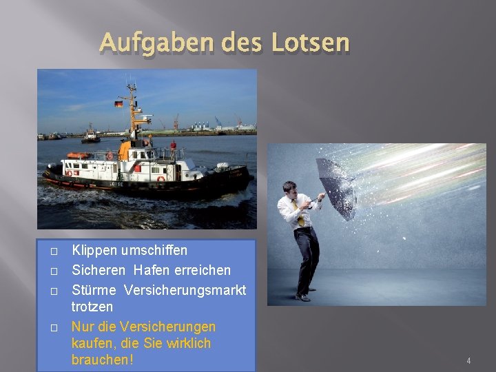 Aufgaben des Lotsen � � Klippen umschiffen Sicheren Hafen erreichen Stürme Versicherungsmarkt trotzen Nur