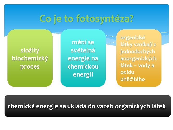 Co je to fotosyntéza? složitý biochemický proces mění se světelná energie na chemickou energii