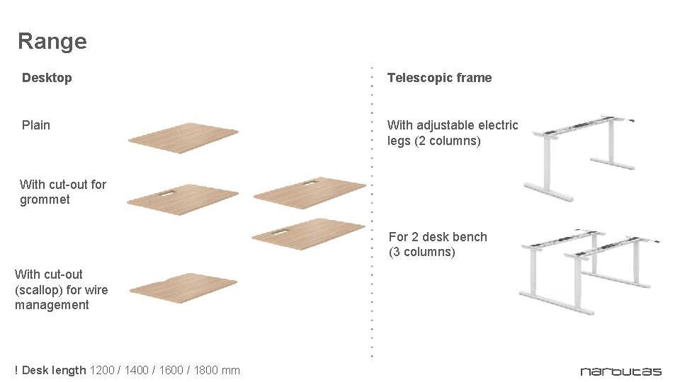 Range Desktop Telescopic frame Plain With adjustable electric legs (2 columns) With cut-out for Range Desktop Telescopic frame Plain With adjustable electric legs (2 columns) With cut-out for