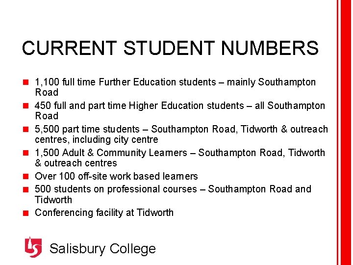 CURRENT STUDENT NUMBERS 1, 100 full time Further Education students – mainly Southampton Road