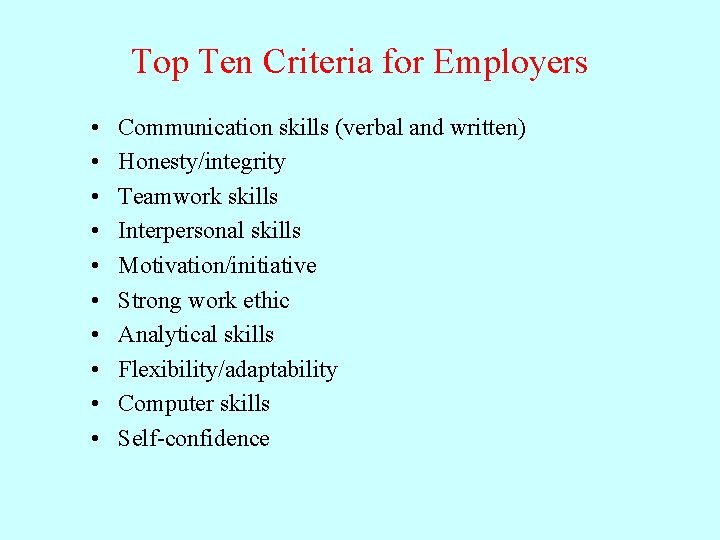 Top Ten Criteria for Employers • • • Communication skills (verbal and written) Honesty/integrity