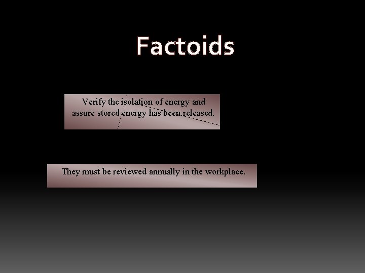 Factoids What is the last step of the lock-out/tag-out procedure? Verify the isolation of
