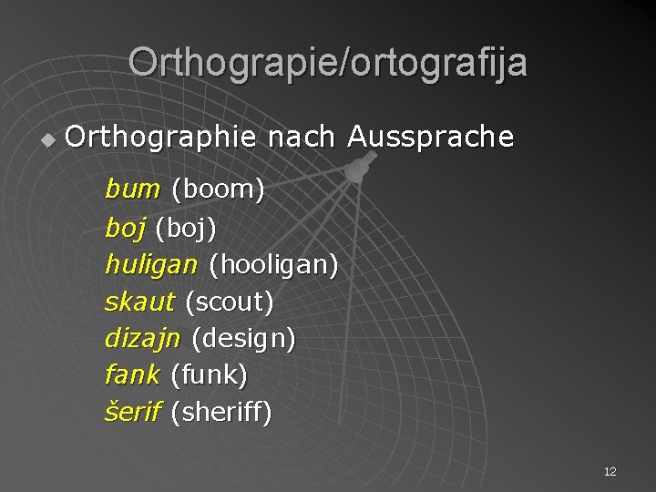 Orthograpie/ortografija u Orthographie nach Aussprache bum (boom) boj (boj) huligan (hooligan) skaut (scout) dizajn