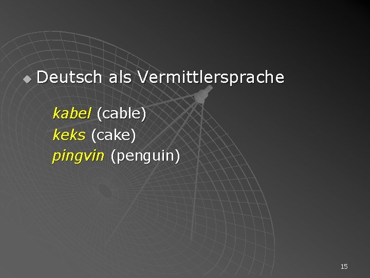 u Deutsch als Vermittlersprache kabel (cable) keks (cake) pingvin (penguin) 15 