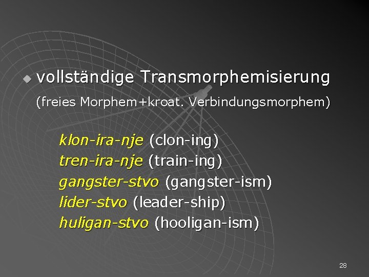 u vollständige Transmorphemisierung (freies Morphem+kroat. Verbindungsmorphem) klon-ira-nje (clon-ing) tren-ira-nje (train-ing) gangster-stvo (gangster-ism) lider-stvo (leader-ship)