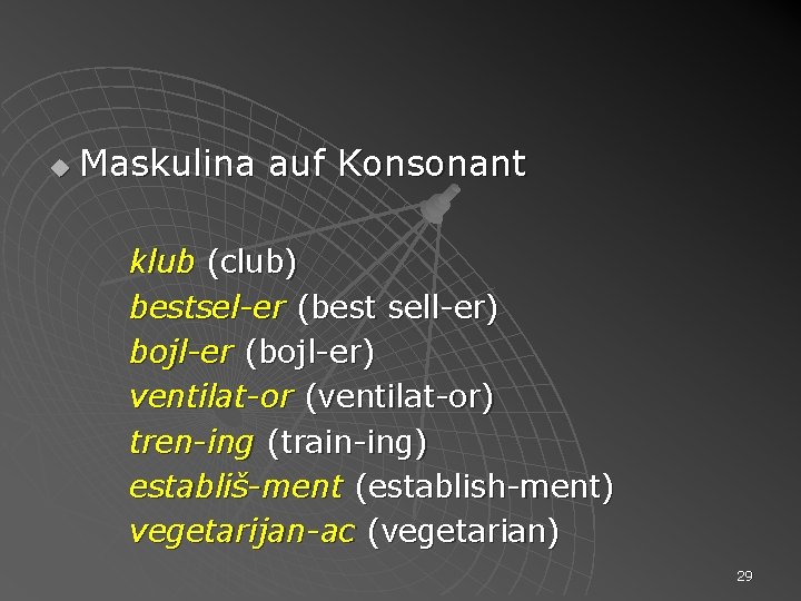 u Maskulina auf Konsonant klub (club) bestsel-er (best sell-er) bojl-er (bojl-er) ventilat-or (ventilat-or) tren-ing