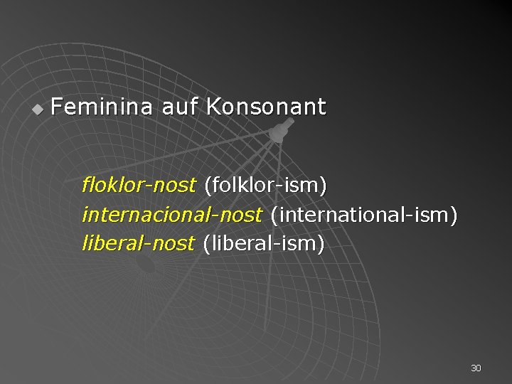 u Feminina auf Konsonant floklor-nost (folklor-ism) internacional-nost (international-ism) liberal-nost (liberal-ism) 30 