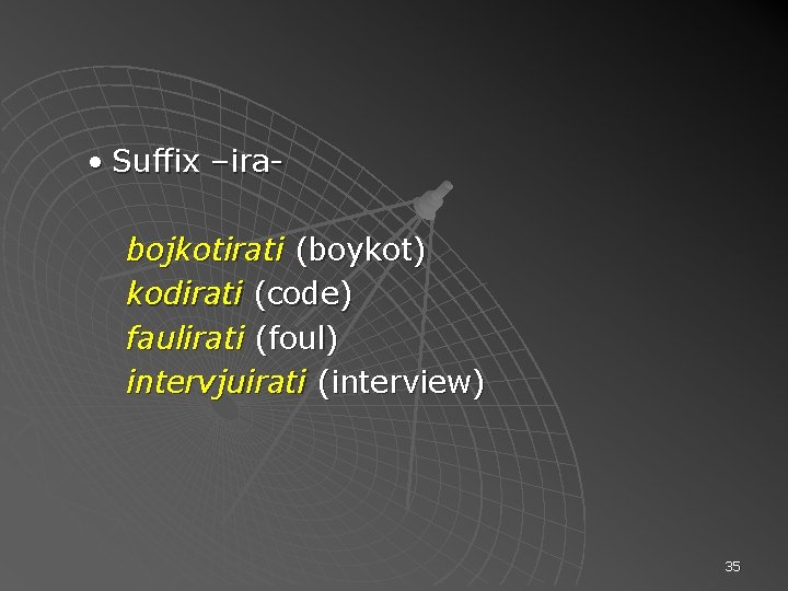  • Suffix –irabojkotirati (boykot) kodirati (code) faulirati (foul) intervjuirati (interview) 35 