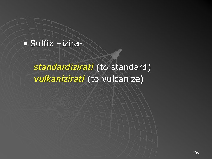  • Suffix –izirastandardizirati (to standard) vulkanizirati (to vulcanize) 36 