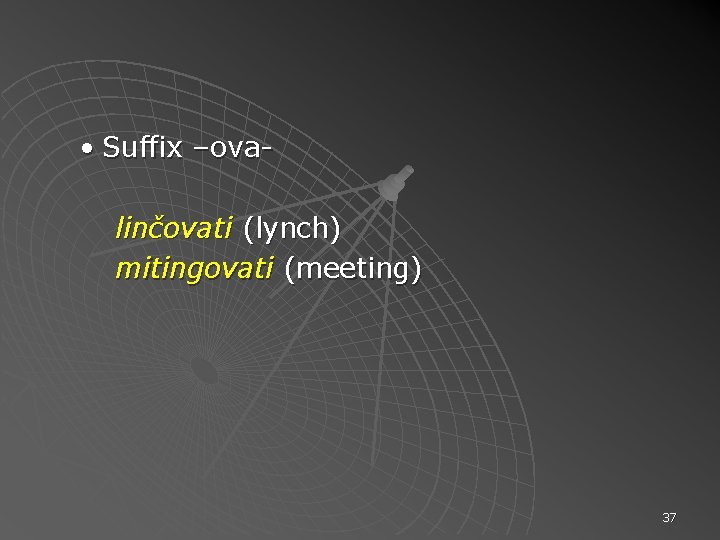  • Suffix –ovalinčovati (lynch) mitingovati (meeting) 37 