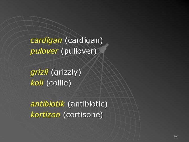 cardigan (cardigan) pulover (pullover) grizli (grizzly) koli (collie) antibiotik (antibiotic) kortizon (cortisone) 47 